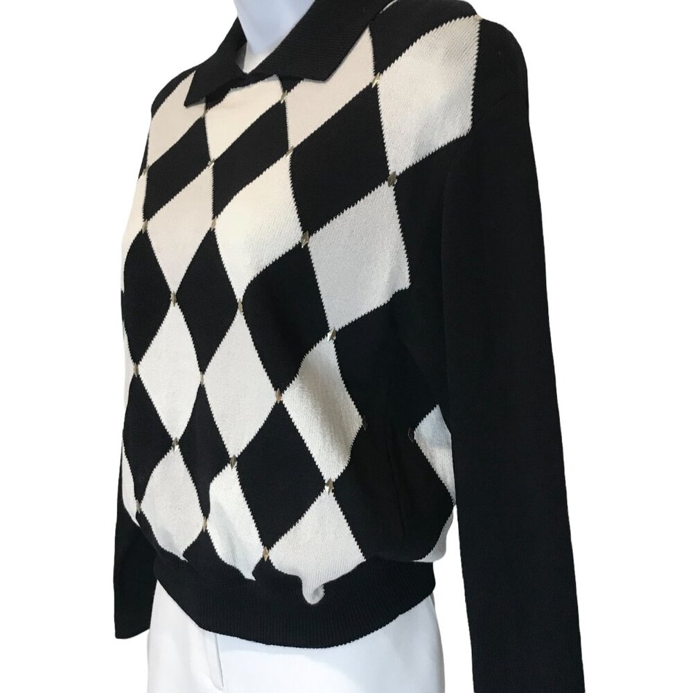 ST. JOHN Argyle Black White Diamond Collared Sweater Top - Size P - Picture 9 of 15
